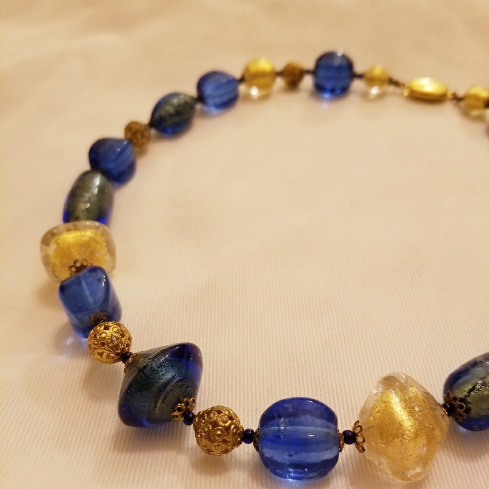Blue & Gold Glass Bead Necklace